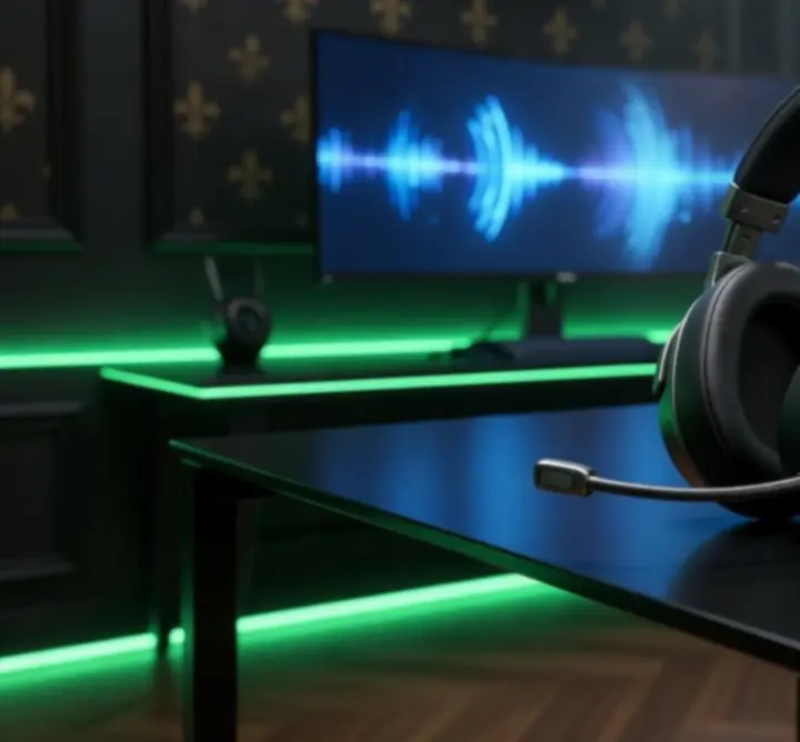 Casque gaming Xbox avec ambiance lumineuse dans un setup sombre