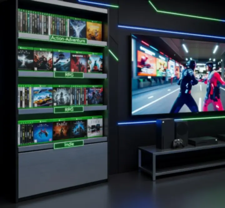 Setup gaming Xbox moderne avec jeux classés par catégories