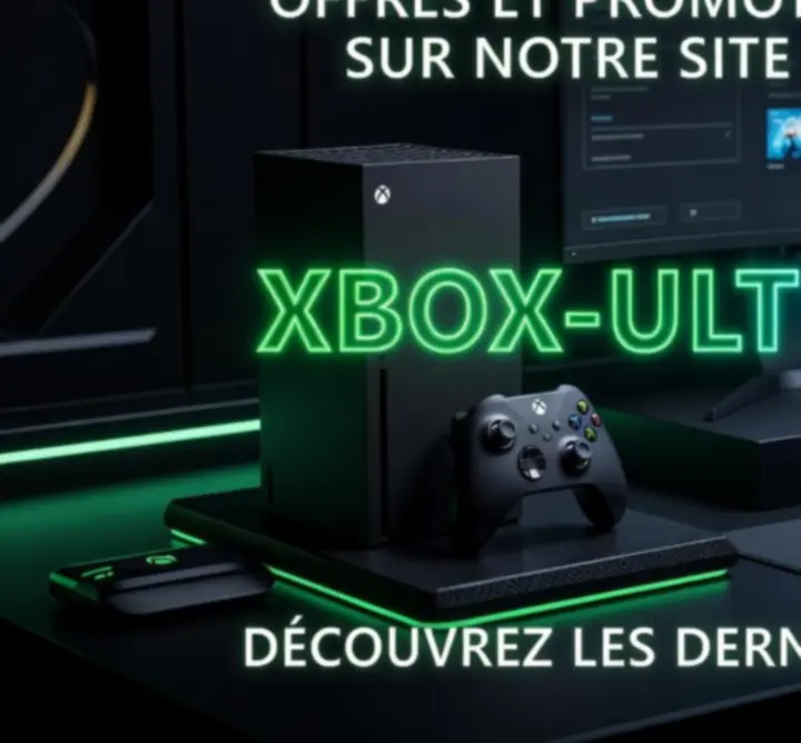 Bannière promotionnelle gaming avec jeux Xbox, manette et lumière verte évoquant des offres spéciales