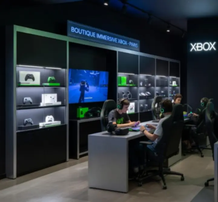 Magasin gaming immersif Solstice Sact avec univers Xbox moderne et lumineux