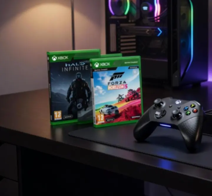 Sélection de jeux Xbox, manettes et édition collector présentés sur un bureau gaming moderne