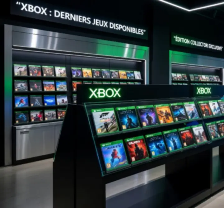 Vitrine des nouvelles sorties jeux Xbox dans un environnement gaming moderne